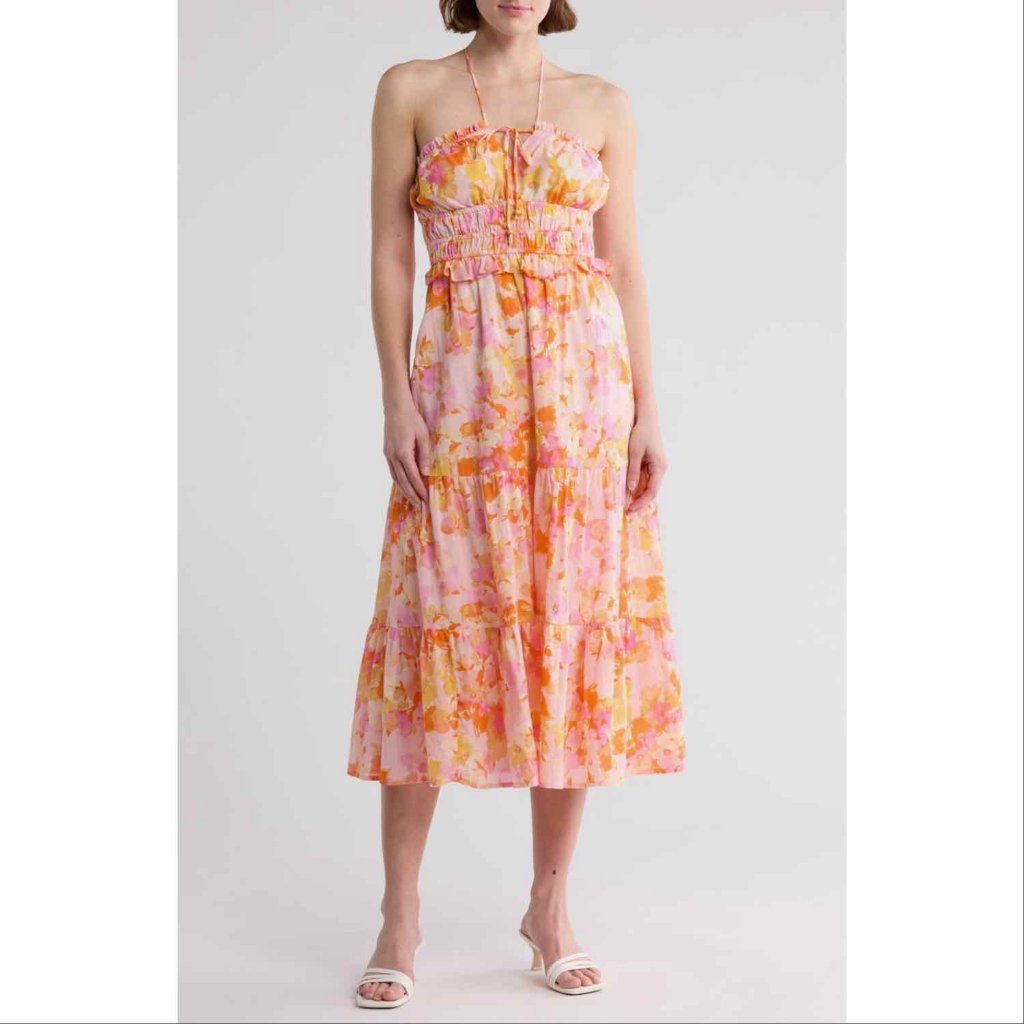 Lush Shirred Halter Midi Dress